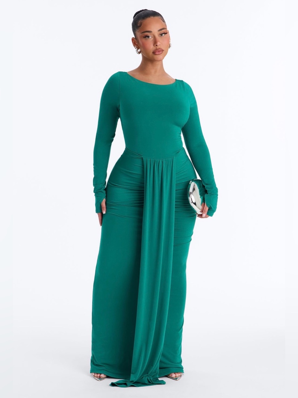 Long Sleeve boat neck kelly Green Draped Dress